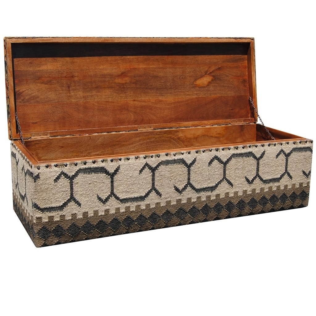 Handmade Indo Tribal Kilim Upholstered Storage Ottoman (India)