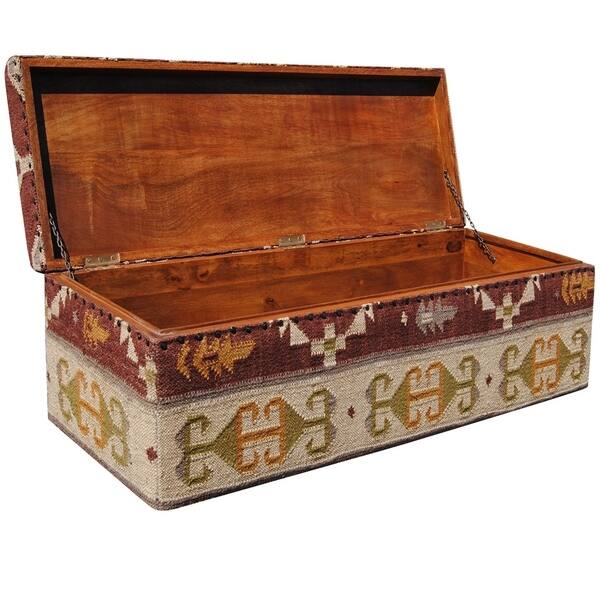 slide 1 of 3, Handmade Herat Oriental Indo Tribal Kilim Upholstered Storage Ottoman - 47" x 16" x 16"