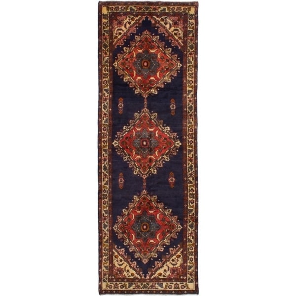 ECARPETGALLERY Hand-knotted Hamadan Dark Navy Wool Rug - 3'4 x 10'0