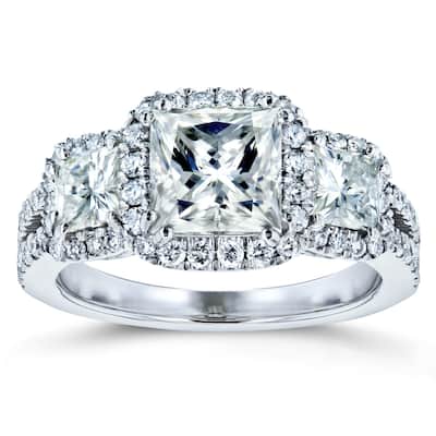 Annello by Kobelli 14k Gold 2 4/5ct TGW Princess Moissanite and Diamond Halo 3-Stone Engagement Ring (GH/VS, GH/I)