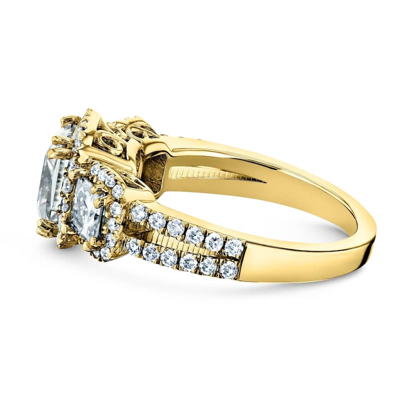 Annello by Kobelli 14k Gold 2 4/5ct TGW Princess Moissanite and Diamond Halo 3-Stone Engagement Ring (GH/VS, GH/I)