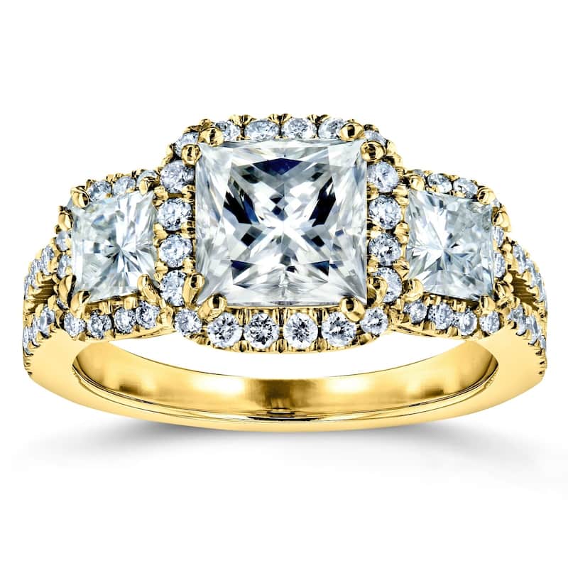 Annello by Kobelli 14k Gold 2 4/5ct TGW Princess Moissanite and Diamond Halo 3-Stone Engagement Ring (GH/VS, GH/I)
