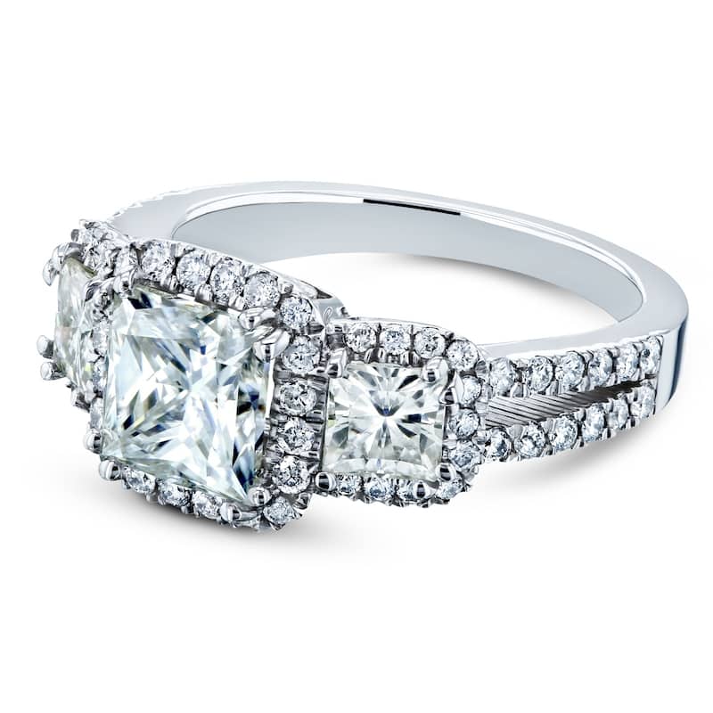 Annello by Kobelli 14k Gold 2 4/5ct TGW Princess Moissanite and Diamond Halo 3-Stone Engagement Ring (GH/VS, GH/I)