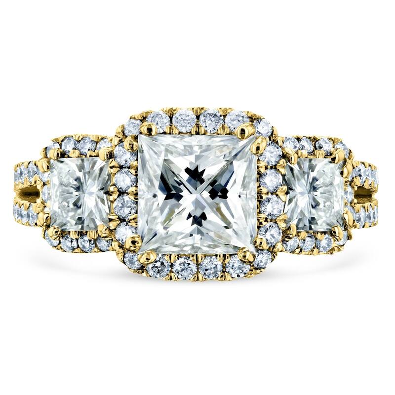 Annello by Kobelli 14k Gold 2 4/5ct TGW Princess Moissanite and Diamond Halo 3-Stone Engagement Ring (GH/VS, GH/I)