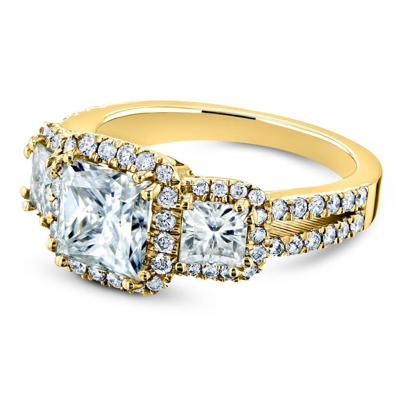 Annello by Kobelli 14k Gold 2 4/5ct TGW Princess Moissanite and Diamond Halo 3-Stone Engagement Ring (GH/VS, GH/I)
