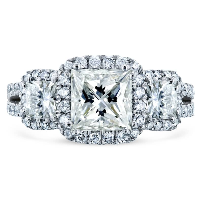 Annello by Kobelli 14k Gold 2 4/5ct TGW Princess Moissanite and Diamond Halo 3-Stone Engagement Ring (GH/VS, GH/I)