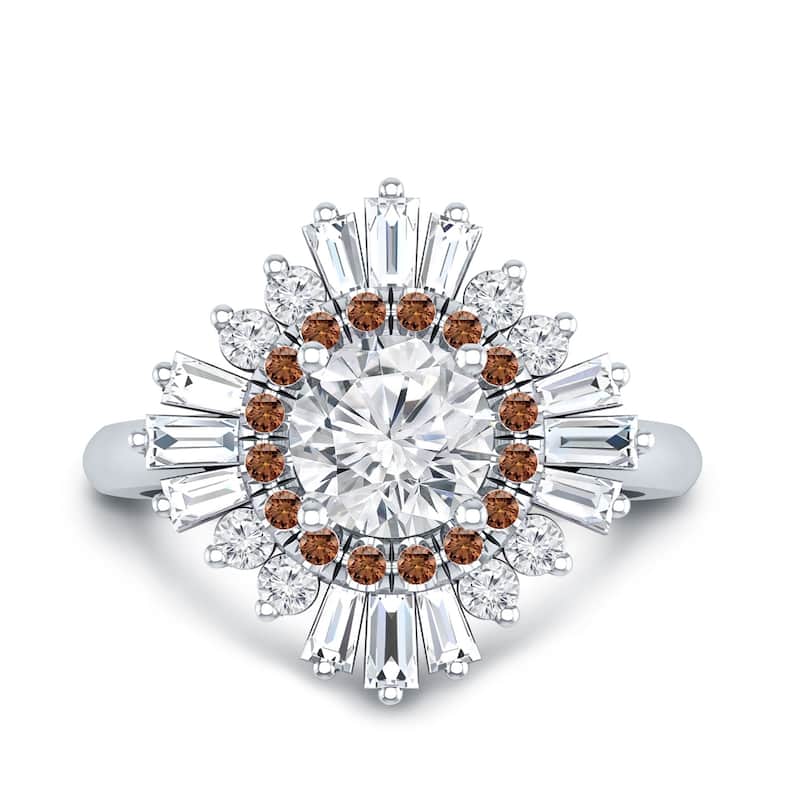 Auriya 14k Gold Vintage Ballerina 3/4ct Moissanite and Brown & White Halo Diamond Engagement Ring (G-H, I1-I2)