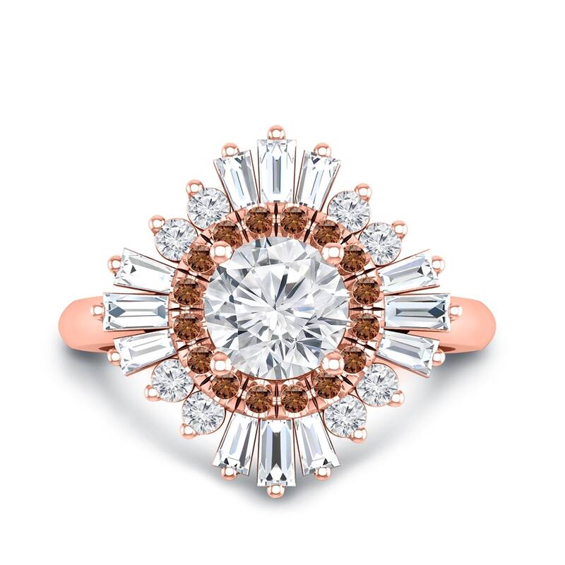 Auriya 14k Gold Vintage Ballerina 3/4ct Moissanite and Brown & White Halo Diamond Engagement Ring (G-H, I1-I2)