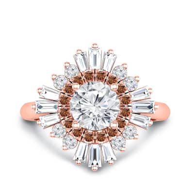 Auriya 14k Gold Vintage Ballerina 3/4ct Moissanite and Brown & White Halo Diamond Engagement Ring (G-H, I1-I2)