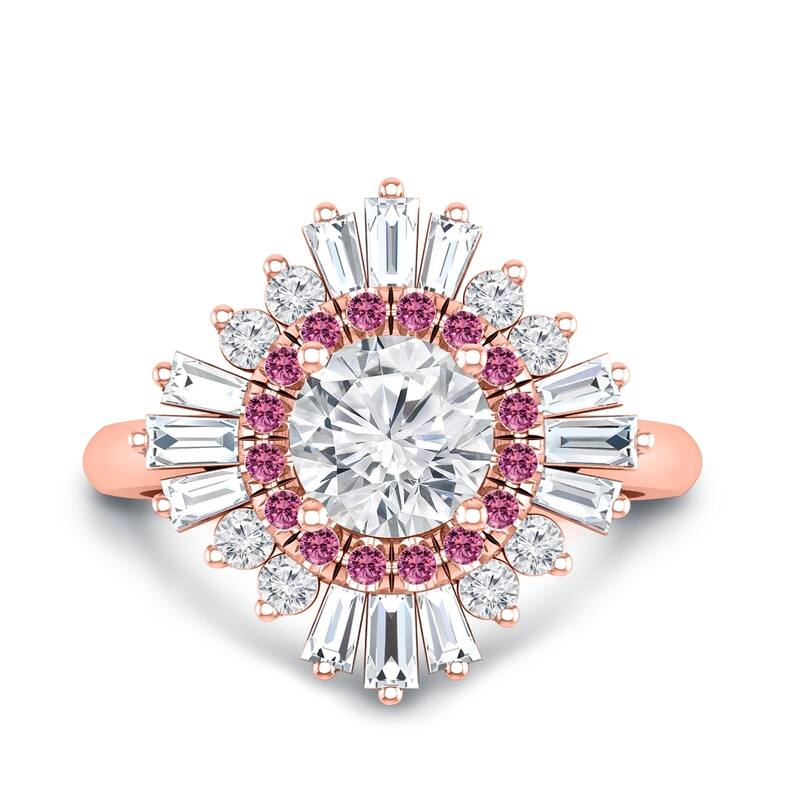 Auriya Vintage Ballerina 3/4ct Moissanite Pink Sapphire and Halo Diamond Engagement Ring 14k Gold (G-H, I1-I2)