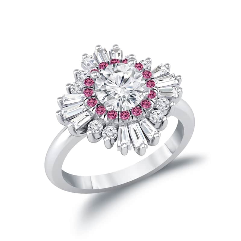 Auriya Vintage Ballerina 3/4ct Moissanite Pink Sapphire and Halo Diamond Engagement Ring 14k Gold (G-H, I1-I2)