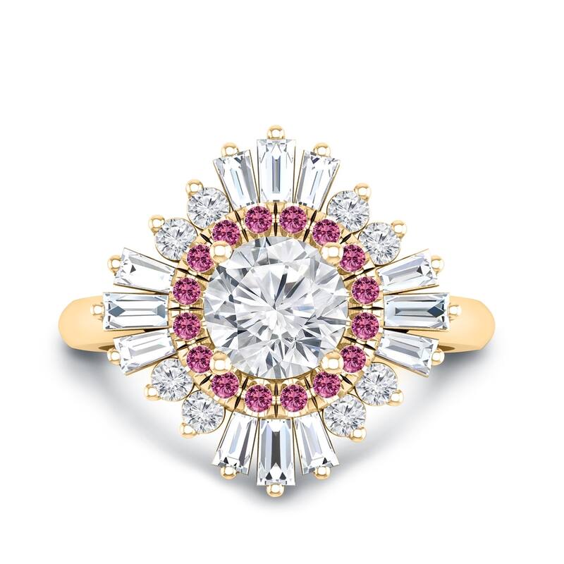 Auriya Vintage Ballerina 3/4ct Moissanite Pink Sapphire and Halo Diamond Engagement Ring 14k Gold (G-H, I1-I2)