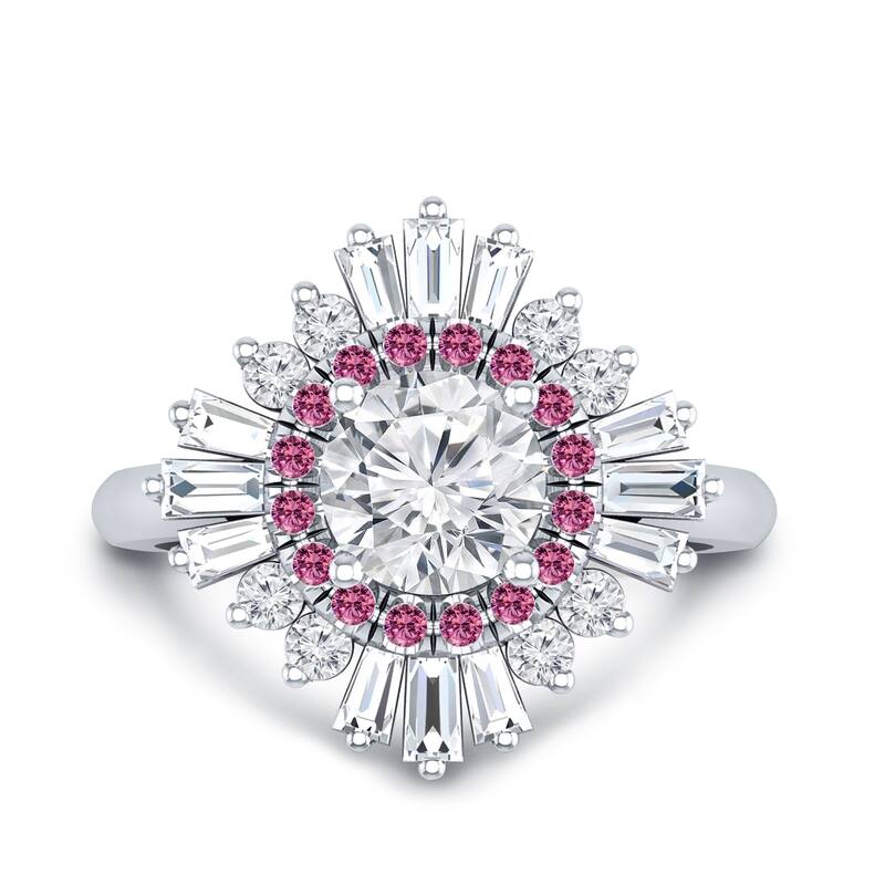 Auriya Vintage Ballerina 3/4ct Moissanite Pink Sapphire and Halo Diamond Engagement Ring 14k Gold (G-H, I1-I2)