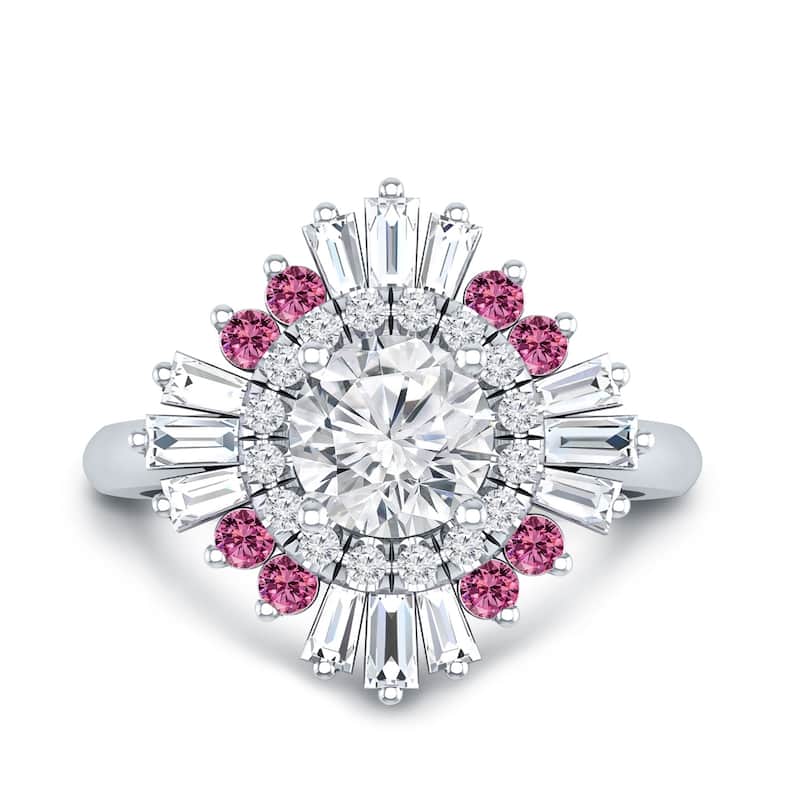 Auriya Vintage Ballerina 3/4ct Moissanite Pink Sapphire and Halo Diamond Engagement Ring 14k Gold (G-H, I1-I2)