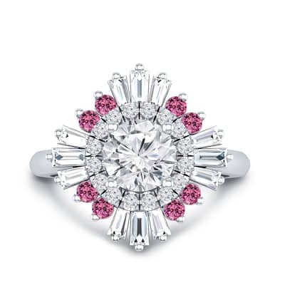 Auriya Vintage Ballerina 3/4ct Moissanite Pink Sapphire and Halo Diamond Engagement Ring 14k Gold (G-H, I1-I2)