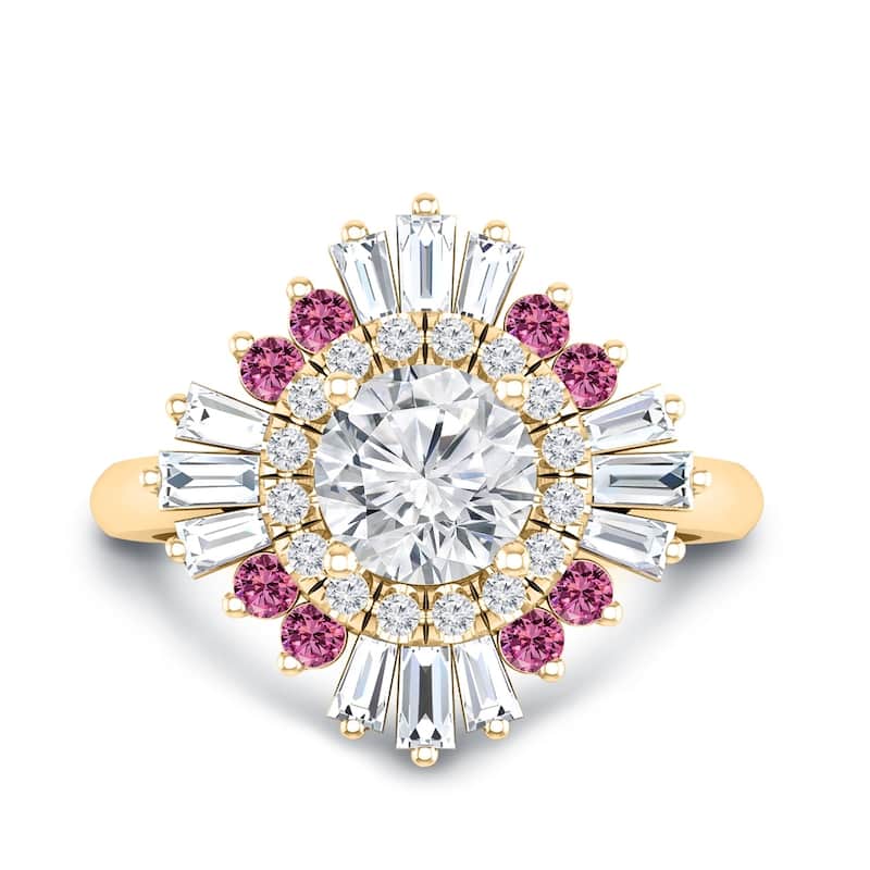 Auriya Vintage Ballerina 3/4ct Moissanite Pink Sapphire and Halo Diamond Engagement Ring 14k Gold (G-H, I1-I2)