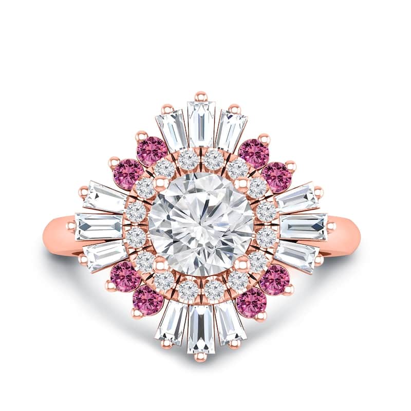 Auriya Vintage Ballerina 3/4ct Moissanite Pink Sapphire and Halo Diamond Engagement Ring 14k Gold (G-H, I1-I2)