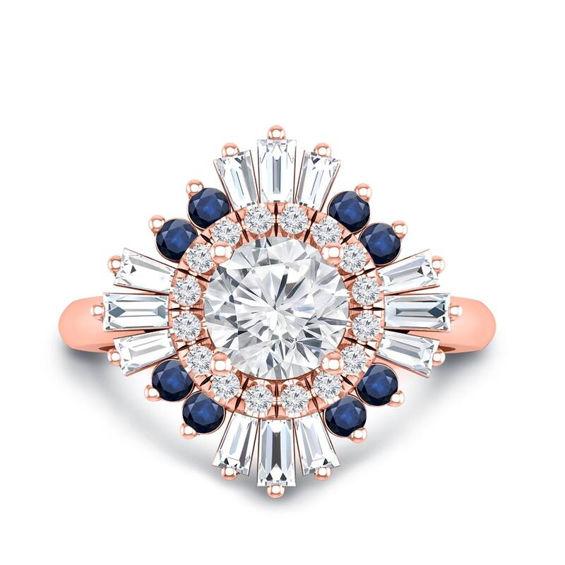 Auriya Vintage Ballerina 3/4ct Moissanite Blue Sapphire and Halo Diamond Engagement Ring 14k Gold