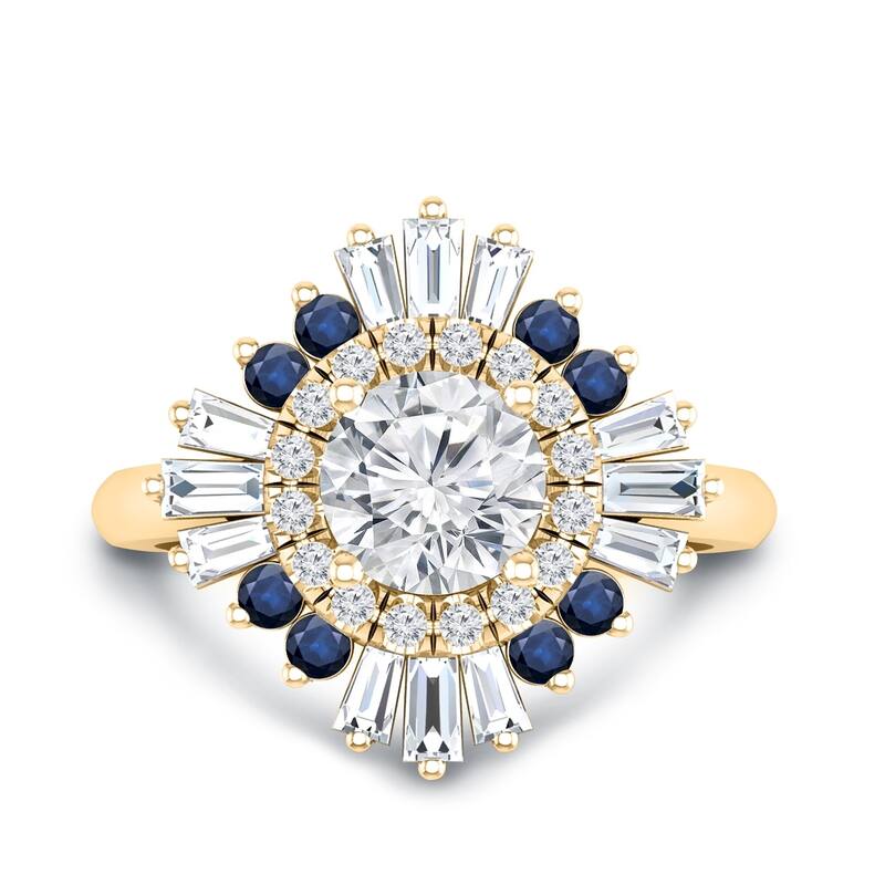 Auriya Vintage Ballerina 3/4ct Moissanite Blue Sapphire and Halo Diamond Engagement Ring 14k Gold