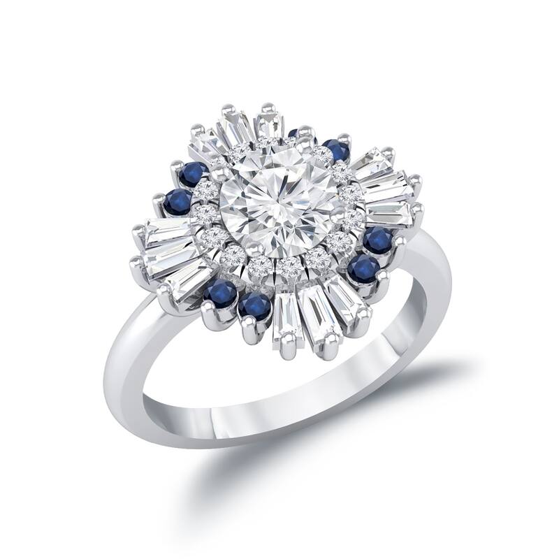 Auriya Vintage Ballerina 3/4ct Moissanite Blue Sapphire and Halo Diamond Engagement Ring 14k Gold
