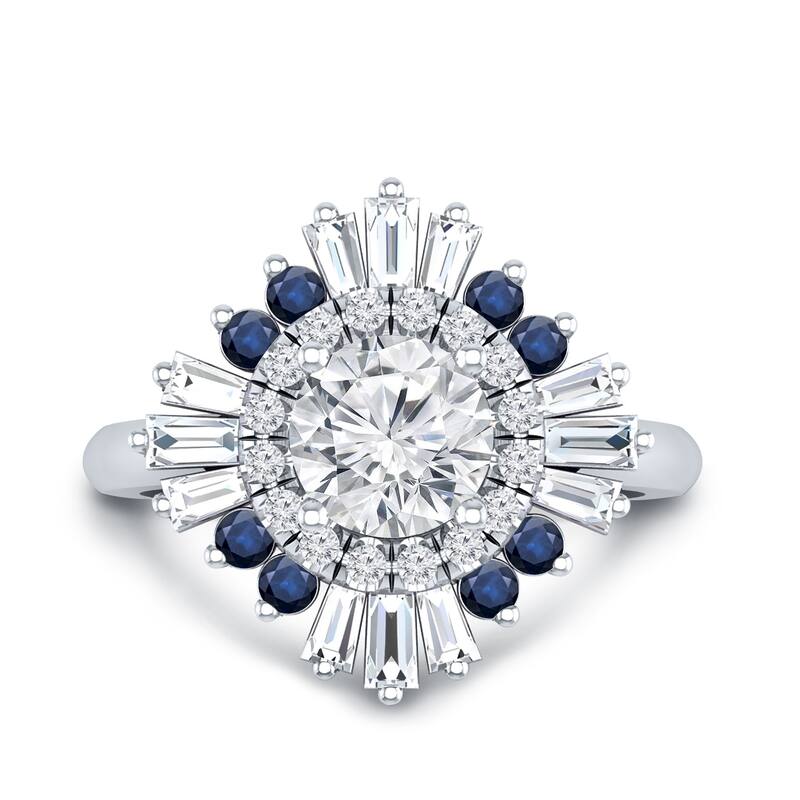 Auriya Vintage Ballerina 3/4ct Moissanite Blue Sapphire and Halo Diamond Engagement Ring 14k Gold
