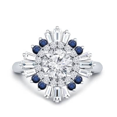 Auriya Vintage Ballerina 3/4ct Moissanite Blue Sapphire and Halo Diamond Engagement Ring 14k Gold