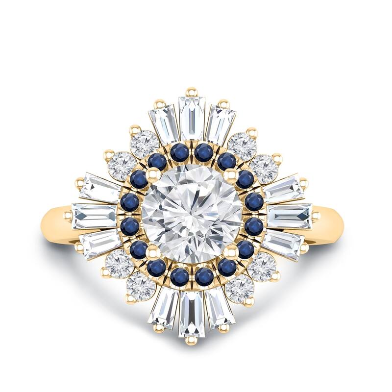Auriya Vintage Ballerina 3/4ct Moissanite Blue Sapphire and Halo Diamond Engagement Ring 14k Gold (G-H, I1-I2)