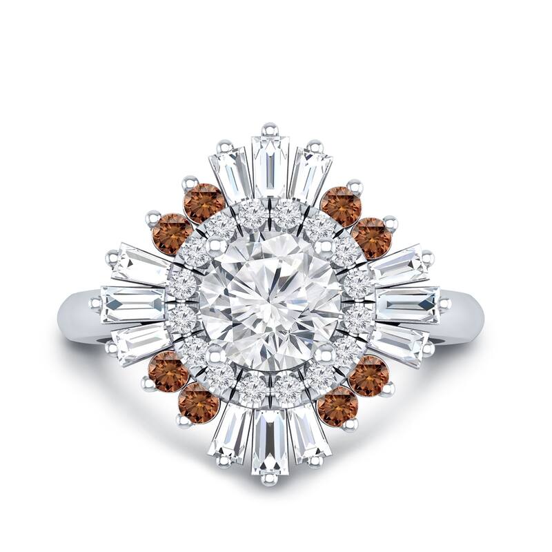 Auriya 14k Gold Vintage Ballerina 3/4ct Moissanite and Brown & White Halo Diamond Engagement Ring (G-H, I1-I2)