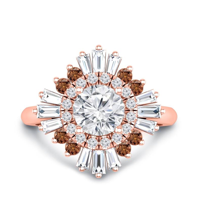 Auriya 14k Gold Vintage Ballerina 3/4ct Moissanite and Brown & White Halo Diamond Engagement Ring (G-H, I1-I2)