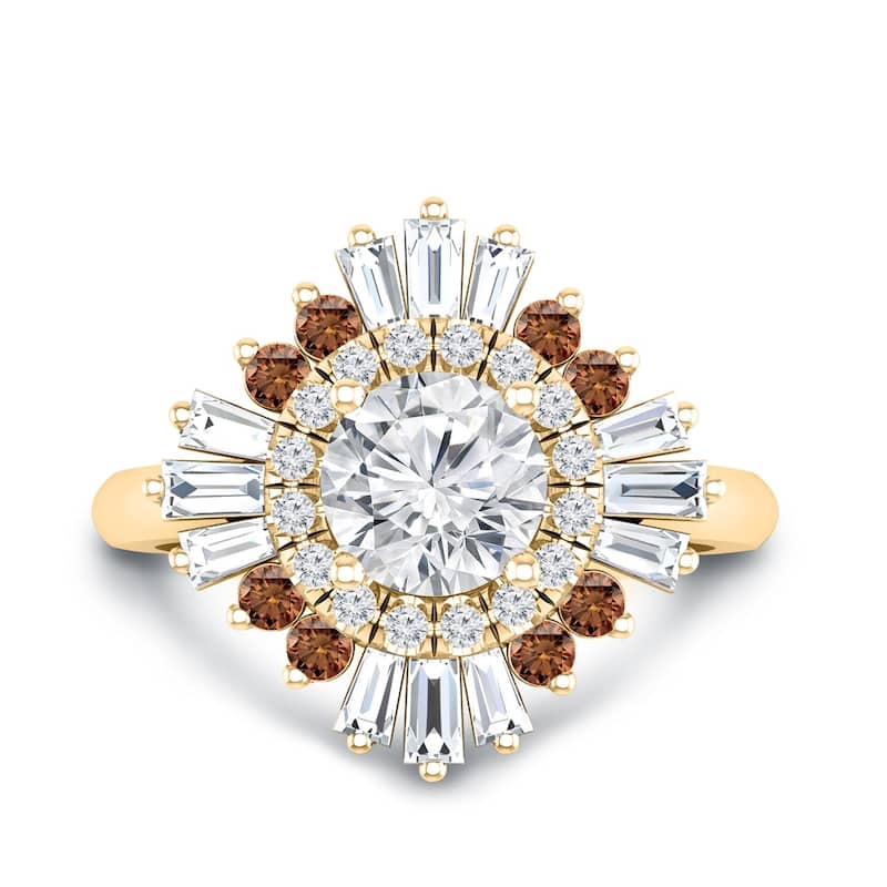Auriya 14k Gold Vintage Ballerina 3/4ct Moissanite and Brown & White Halo Diamond Engagement Ring (G-H, I1-I2)