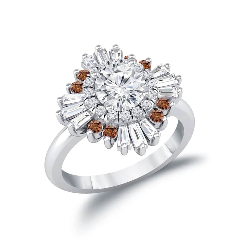 Auriya 14k Gold Vintage Ballerina 3/4ct Moissanite and Brown & White Halo Diamond Engagement Ring (G-H, I1-I2)