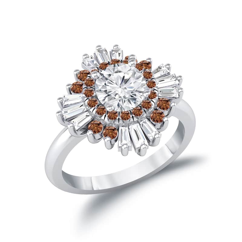 Auriya 14k Gold Vintage Ballerina 3/4ct Moissanite and Brown & White Halo Diamond Engagement Ring