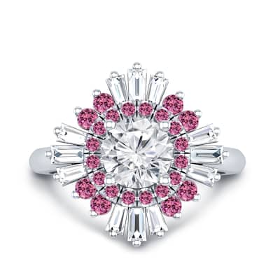 Auriya Vintage Ballerina 3/4ct Moissanite Pink Sapphire and Halo Diamond Engagement Ring 14k Gold (G-H, VS1-VS2)