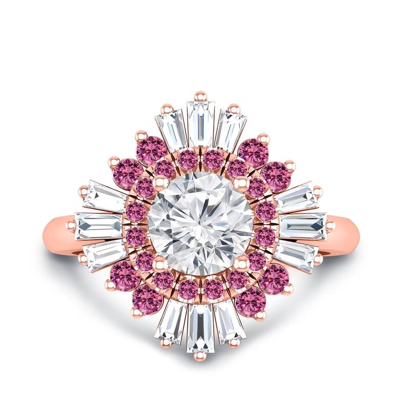 Auriya Vintage Ballerina 3/4ct Moissanite Pink Sapphire and Halo Diamond Engagement Ring 14k Gold (G-H, VS1-VS2)