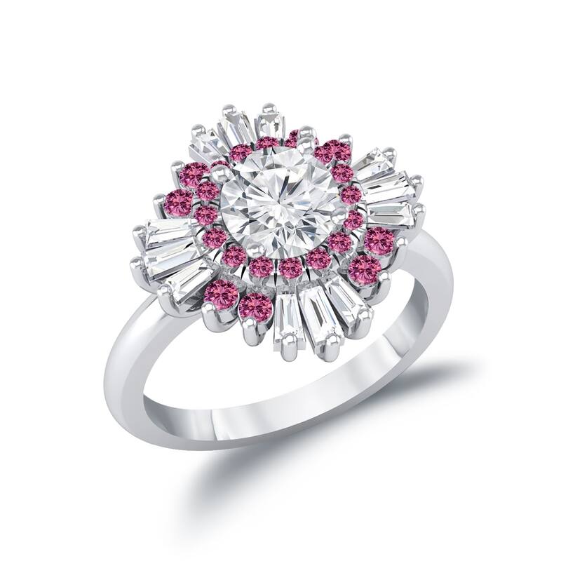 Auriya Vintage Ballerina 3/4ct Moissanite Pink Sapphire and Halo Diamond Engagement Ring 14k Gold (G-H, VS1-VS2)