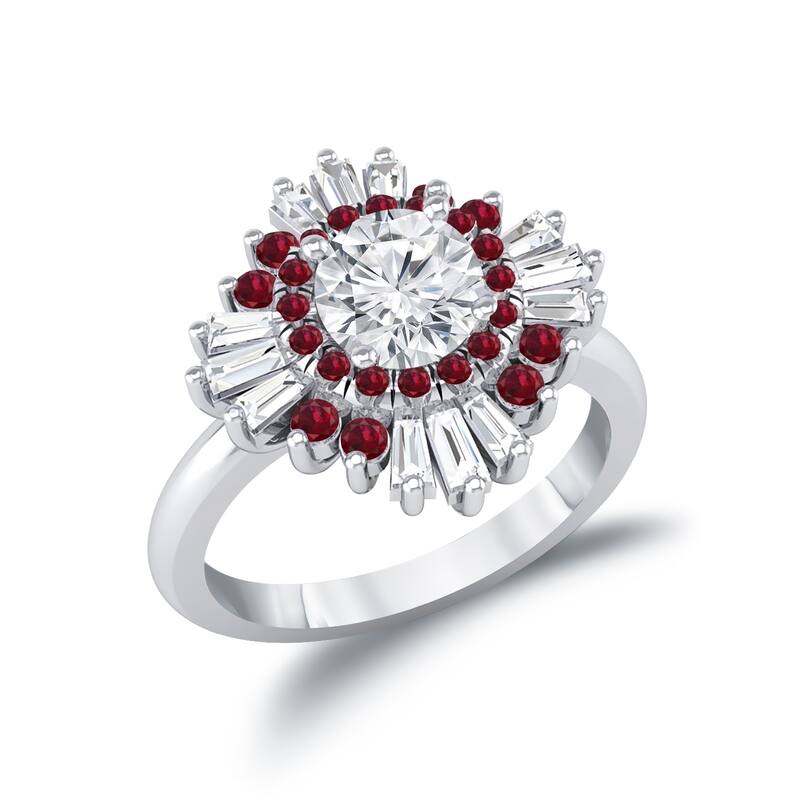 Auriya Vintage Ballerina 3/4ct Moissanite and Red Ruby & Halo Diamond Engagement Ring 14k Gold