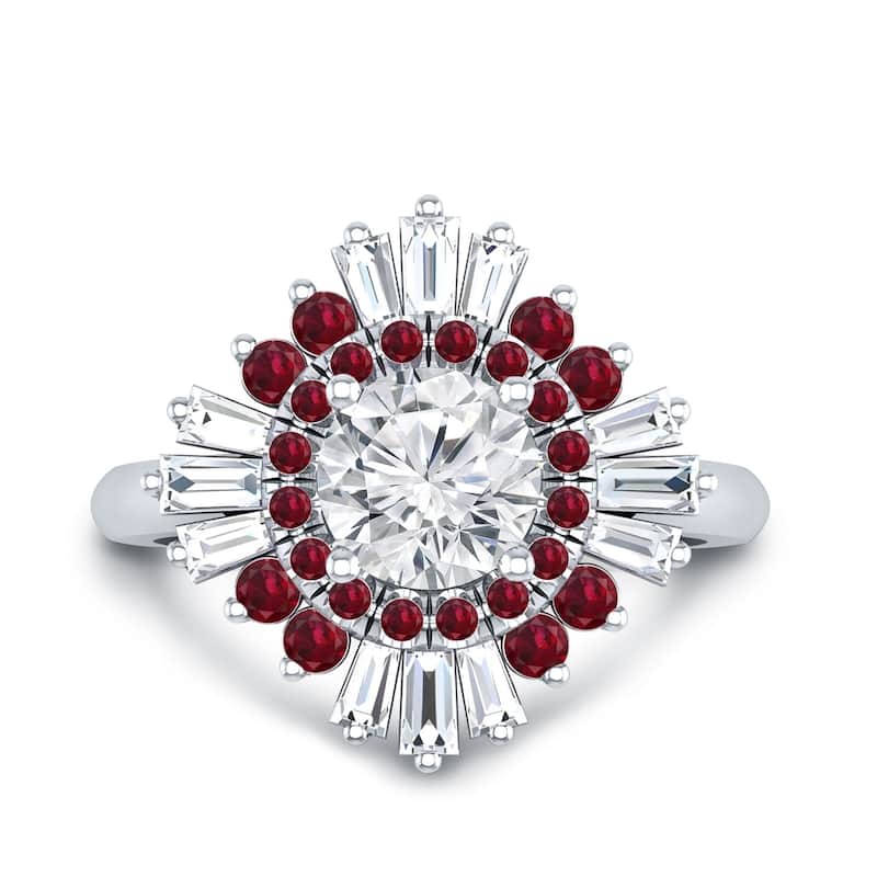 Auriya Vintage Ballerina 3/4ct Moissanite and Red Ruby & Halo Diamond Engagement Ring 14k Gold