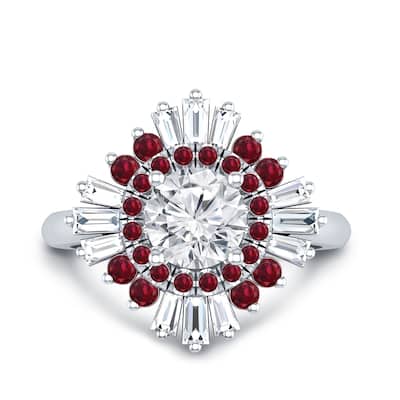 Auriya Vintage Ballerina 3/4ct Moissanite and Red Ruby & Halo Diamond Engagement Ring 14k Gold