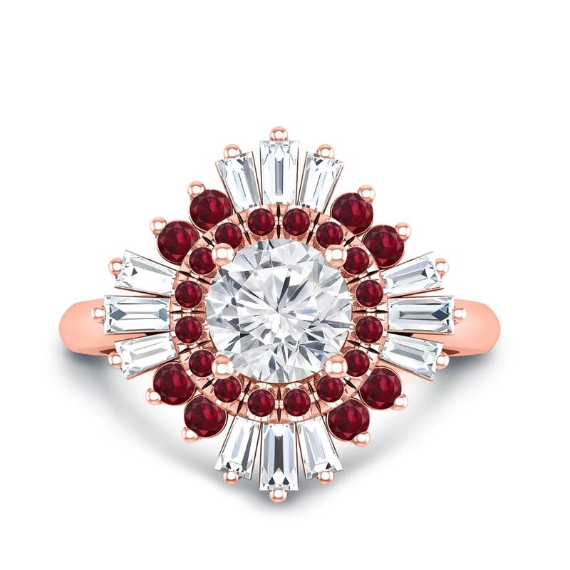 Auriya Vintage Ballerina 3/4ct Moissanite and Red Ruby & Halo Diamond Engagement Ring 14k Gold