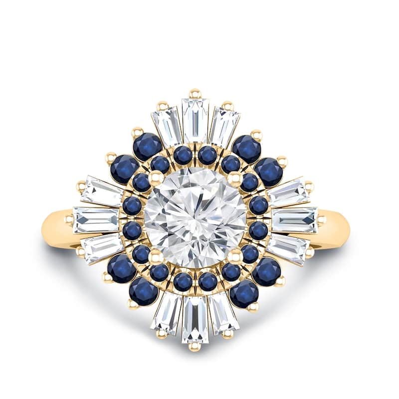 Auriya Vintage Ballerina 3/4ct Moissanite Blue Sapphire and Halo Diamond Engagement Ring 14k Gold (G-H, VS1-VS2)