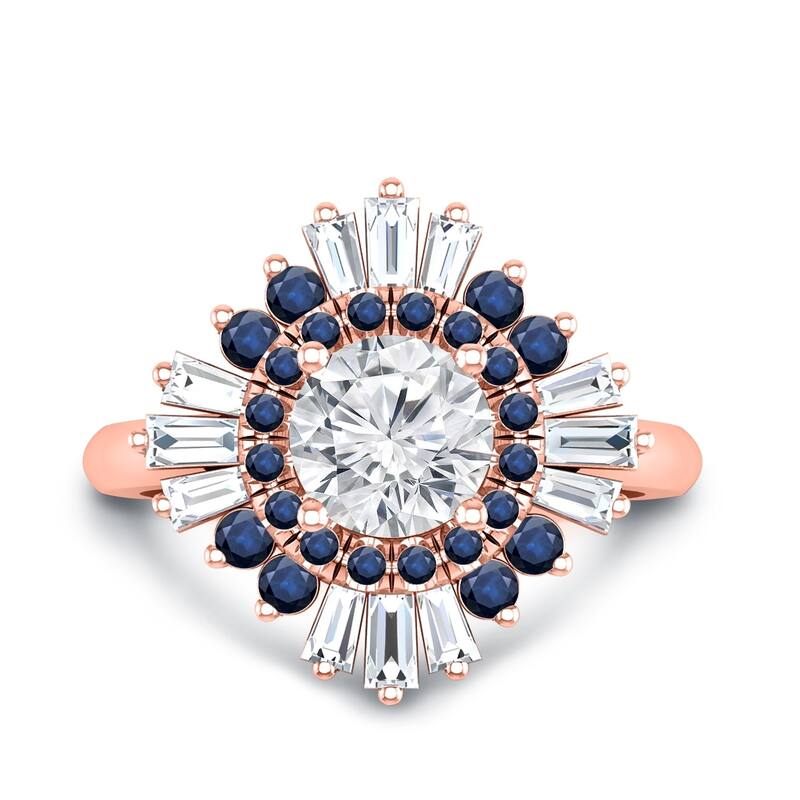 Auriya Vintage Ballerina 3/4ct Moissanite Blue Sapphire and Halo Diamond Engagement Ring 14k Gold (G-H, VS1-VS2)