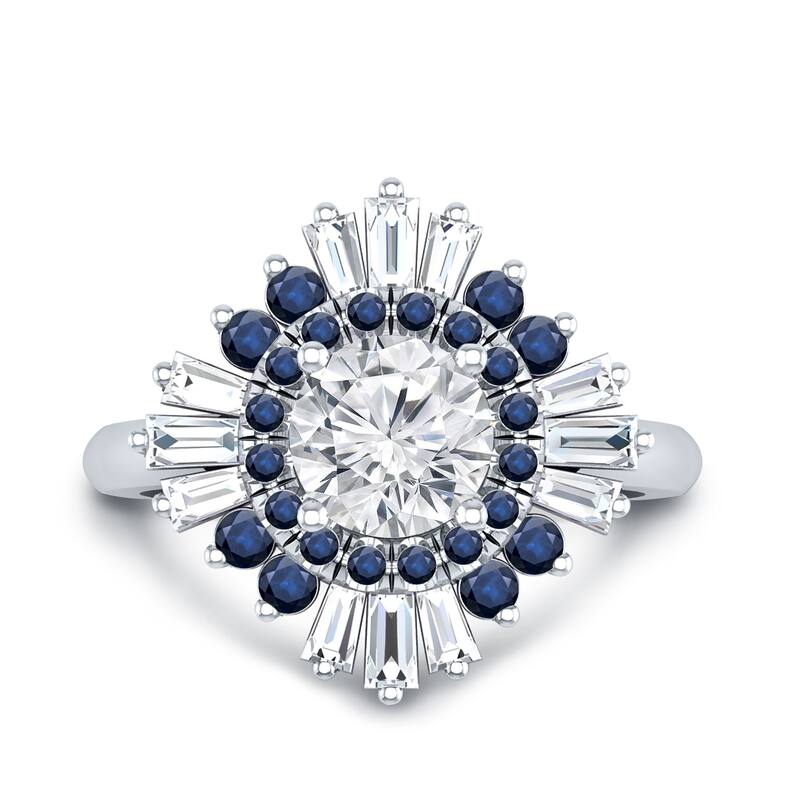 Auriya Vintage Ballerina 3/4ct Moissanite Blue Sapphire and Halo Diamond Engagement Ring 14k Gold (G-H, VS1-VS2)