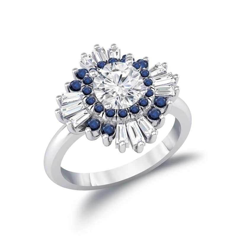 Auriya Vintage Ballerina 3/4ct Moissanite Blue Sapphire and Halo Diamond Engagement Ring 14k Gold (G-H, VS1-VS2)