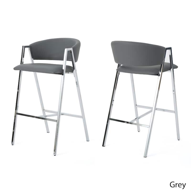 Marlon Modern 28-inch Backed Faux Leather Barstool (Set of 2) by Christopher Knight Home - grey + chrome