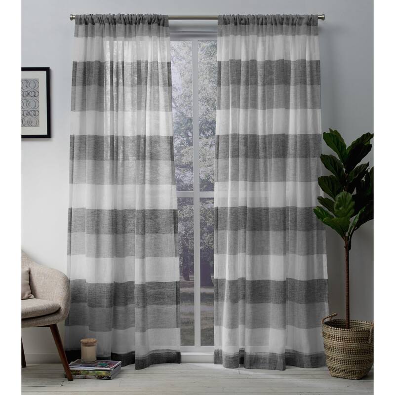Porch & Den Ocean Stripe Sheer Curtain Panel Pair with Rod Pocket - Ash Grey - 50" w x 96" l - 96 Inches