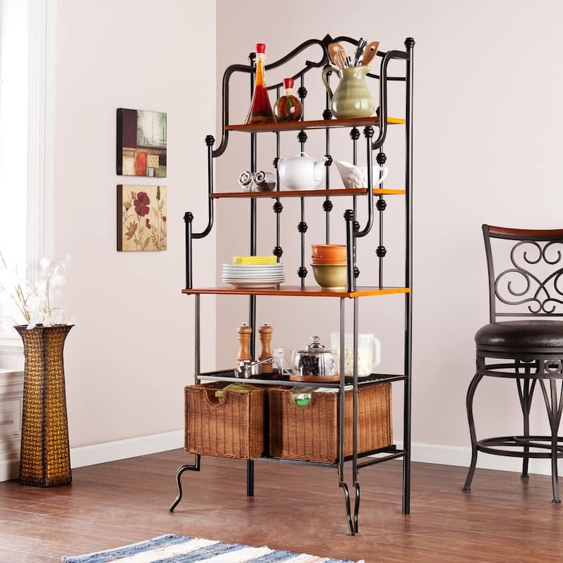 SEI Furniture Docherty Black Baker's Rack with Rattan Baskets