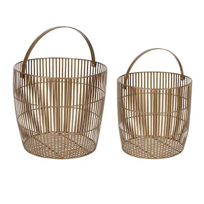 Rhim Nesting Metal Basket Planters with Handle, Set of 2, Gold