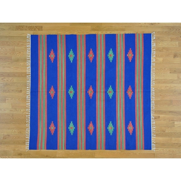 Hand Knotted Blue Flat Weave with Cotton Oriental Rug - 6' x 6'5