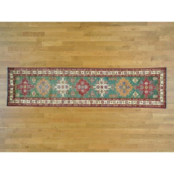 Hand Knotted Teal Kazak with Wool Oriental Rug - 2'6 x 10'1