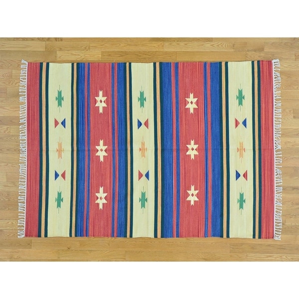Hand Knotted Multicolored Flat Weave with Cotton Oriental Rug - 5' x 7'1